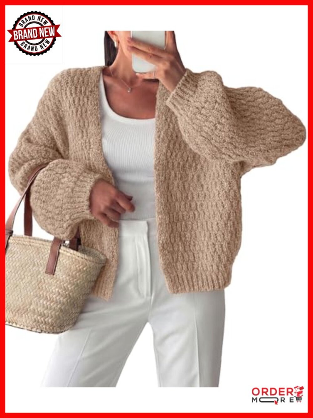 Chunky Knit Open Front Cardigan Shawl Neck Lantern Sleeve